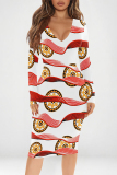 Multicolor Graffiti Print V Neck Long Sleeve Prom Party Bodycorn Midi Dresses