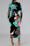 Orange Butterfly Graffiti Print Round Neck Long Sleeve Prom Party Bodycon Maxi Dresses