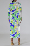 Color Floral Print Round Neck Long Sleeve Prom Party Bodycon Maxi Dresses