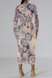 Color Floral Print Round Neck Long Sleeve Prom Party Bodycon Maxi Dresses