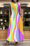 Purple Green Graphics Print Sleeveless O Neck Pocket Casual Loose Vacation Maxi Dresses