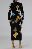 Orange Butterfly Graffiti Print Round Neck Long Sleeve Prom Party Bodycon Maxi Dresses