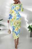 Color Floral Print Round Neck Long Sleeve Prom Party Bodycon Maxi Dresses