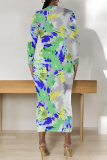Color Floral Print Round Neck Long Sleeve Prom Party Bodycon Maxi Dresses