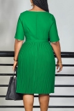 Green O Neck Half Sleeve With Belt Casual Formal Office Lady Pleated Midi Dresses