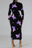 Orange Butterfly Graffiti Print Round Neck Long Sleeve Prom Party Bodycon Maxi Dresses