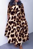 Khaki Graphics Print O Neck 3/4 Sleeve Belted Pockets Long Vacation Casual Pleated A Line Maxi Dresses