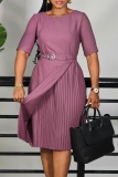 Green O Neck Half Sleeve With Belt Casual Formal Office Lady Pleated Midi Dresses