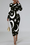 Orange Butterfly Graffiti Print Round Neck Long Sleeve Prom Party Bodycon Maxi Dresses