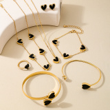 Black Heart Shaped Chains Necklace Earrings Bracelet Ring Seven Piece Set