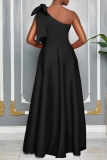 Claret Bow Decor Sleeveless Oblique Collar Slit Formal Evening Party Prom Wedding Guest Pleated Maxi Dresses