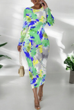 Color Floral Print Round Neck Long Sleeve Prom Party Bodycon Maxi Dresses