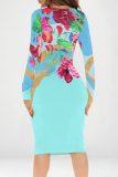 Multicolor Graffiti Print V Neck Long Sleeve Prom Party Bodycorn Midi Dresses