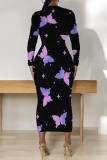 Orange Butterfly Graffiti Print Round Neck Long Sleeve Prom Party Bodycon Maxi Dresses