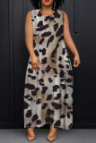 Dark Gray Casual Leopard Print Sleeveless O Neck Loose Vacation Maxi Tank Dresses