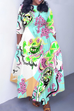 Khaki Graphics Print O Neck 3/4 Sleeve Belted Pockets Long Vacation Casual Pleated A Line Maxi Dresses