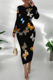 Orange Butterfly Graffiti Print Round Neck Long Sleeve Prom Party Bodycon Maxi Dresses