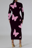 Orange Butterfly Graffiti Print Round Neck Long Sleeve Prom Party Bodycon Maxi Dresses