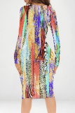 Multicolor Graffiti Print V Neck Long Sleeve Prom Party Bodycorn Midi Dresses
