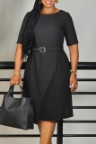 Green O Neck Half Sleeve With Belt Casual Formal Office Lady Pleated Midi Dresses