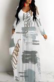 White Gray Geometric Print O Neck Long Sleeve Pocket Casual Outing Plus Size Straight Loose Maxi Dress