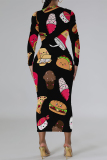 Orange Butterfly Graffiti Print Round Neck Long Sleeve Prom Party Bodycon Maxi Dresses