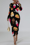 Orange Butterfly Graffiti Print Round Neck Long Sleeve Prom Party Bodycon Maxi Dresses