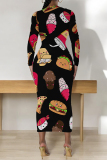 Orange Butterfly Graffiti Print Round Neck Long Sleeve Prom Party Bodycon Maxi Dresses