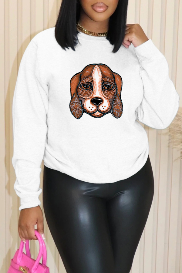 White Brown Cartoon Print Round Neck Long Sleeve Casual Plus Size Sweatshirts