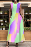 Purple Green Graphics Print Sleeveless O Neck Pocket Casual Loose Vacation Maxi Dresses
