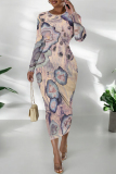 Color Floral Print Round Neck Long Sleeve Prom Party Bodycon Maxi Dresses