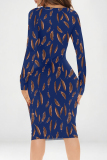 Multicolor Graffiti Print V Neck Long Sleeve Prom Party Bodycorn Midi Dresses