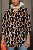 Light Brown Leopard Print Shirt Collar Long Sleeve Buttons Slit Casual Vacation Shirt Tops