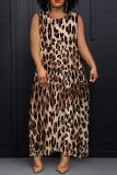 Dark Gray Casual Leopard Print Sleeveless O Neck Loose Vacation Maxi Tank Dresses