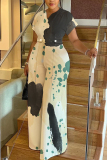 Multicolor Casual Graphics Print V Neck Short Sleeve Vacation Wide Leg Jumpsuits