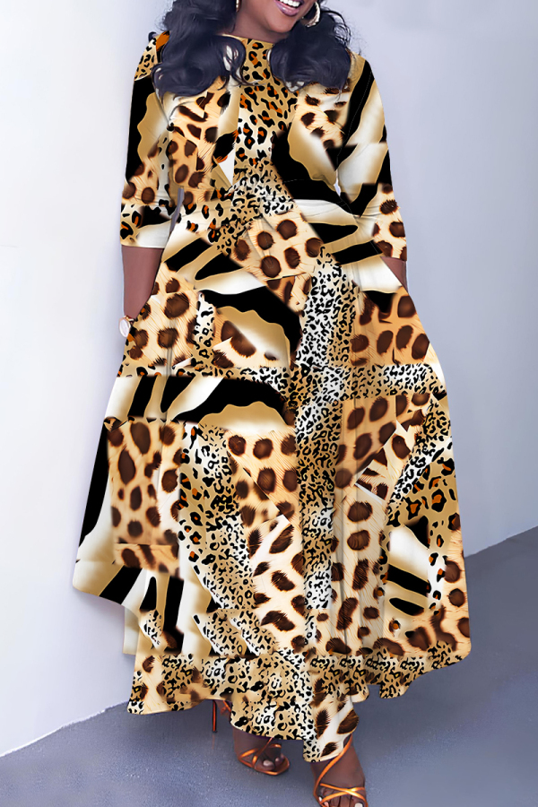 Khaki Graphics Print O Neck 3/4 Sleeve Belted Pockets Long Vacation Casual Pleated A Line Maxi Dresses