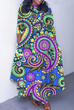 Khaki Graphics Print O Neck 3/4 Sleeve Belted Pockets Long Vacation Casual Pleated A Line Maxi Dresses