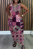 Grey Graphics Print Sleeveless O Neck Casual Vacation Maxi Tank Dresses