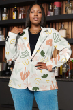 White Pink Graphics Print Buttons Turn-back Collar Long Sleeve Formal Office Casual Blazer Jackets