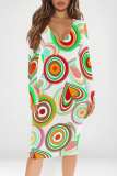 Multicolor Graffiti Print V Neck Long Sleeve Prom Party Bodycorn Midi Dresses