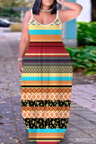 Apricot Graphics Print Sleeveless Backless Floor Length Casual Outing Straight Loose Floral Maxi Slip Dress