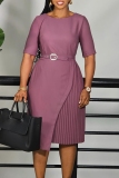 Green O Neck Half Sleeve With Belt Casual Formal Office Lady Pleated Midi Dresses