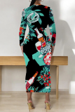 Orange Butterfly Graffiti Print Round Neck Long Sleeve Prom Party Bodycon Maxi Dresses