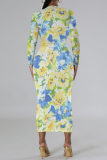 Color Floral Print Round Neck Long Sleeve Prom Party Bodycon Maxi Dresses