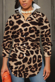 Light Brown Leopard Print Shirt Collar Long Sleeve Buttons Slit Casual Vacation Shirt Tops