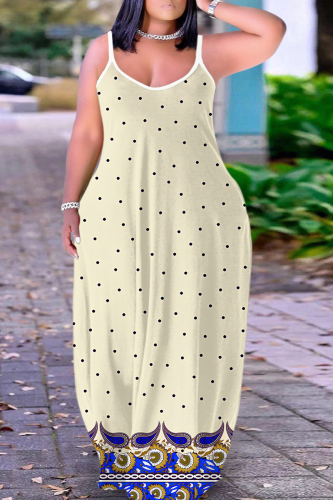Apricot Graphics Print Sleeveless Backless Floor Length Casual Outing Straight Loose Floral Maxi Slip Dress