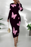 Orange Butterfly Graffiti Print Round Neck Long Sleeve Prom Party Bodycon Maxi Dresses