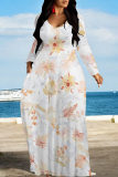White Gray Geometric Print O Neck Long Sleeve Pocket Casual Outing Plus Size Straight Loose Maxi Dress
