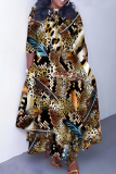 Khaki Graphics Print O Neck 3/4 Sleeve Belted Pockets Long Vacation Casual Pleated A Line Maxi Dresses