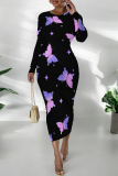 Orange Butterfly Graffiti Print Round Neck Long Sleeve Prom Party Bodycon Maxi Dresses